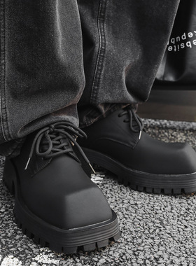 巴黎方头皮鞋男大头厚底增高德比鞋高级感男款黑色小众真皮西装鞋