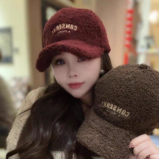 帽子女款2025新款秋冬款羊羔毛刺绣棒球帽韩版百搭鸭舌帽显脸小潮
