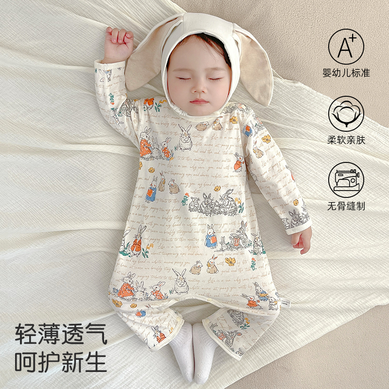 婴儿衣服夏季薄款A类纯棉无骨长袖睡衣宝宝连体衣空调服外出哈衣
