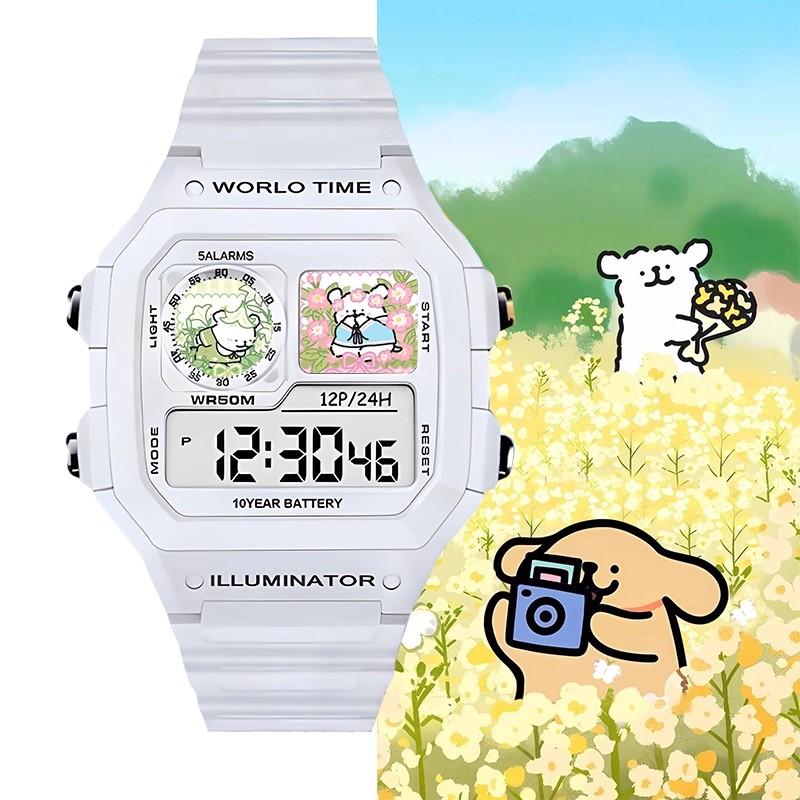 蓝弧线条小狗儿童手表防水电子表