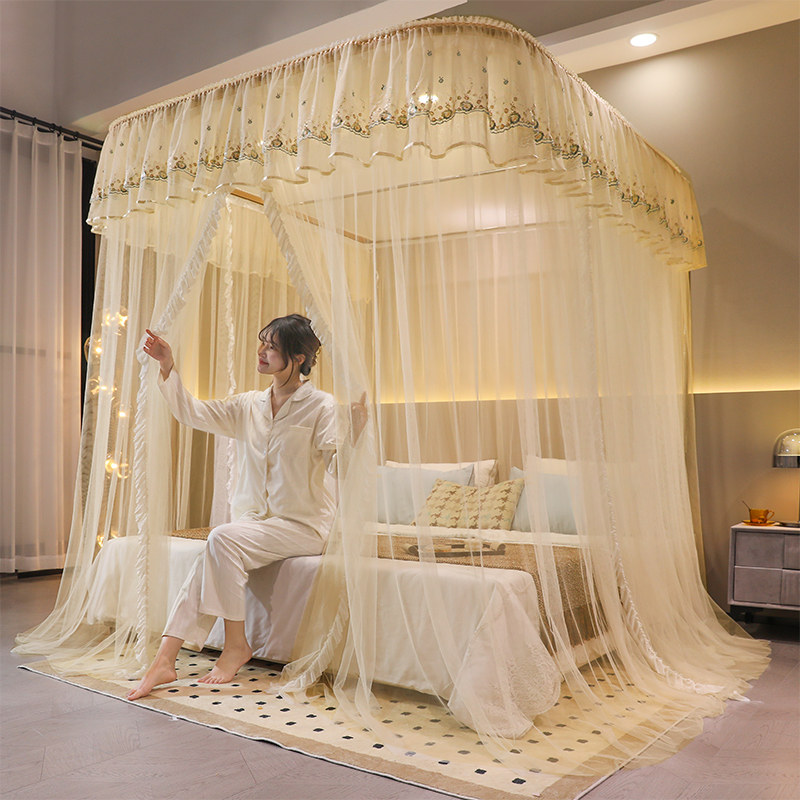 导轨蚊帐家用卧室2022新款u型轨道高级公主纹账落地免安装1.8加密