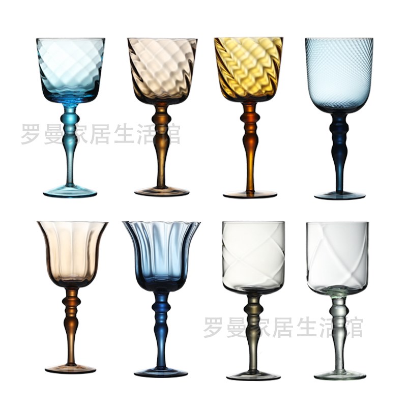 法式高脚杯彩色甜酒杯罗马柱葡萄酒杯水晶玻N璃蓝色酒具酒柜装饰