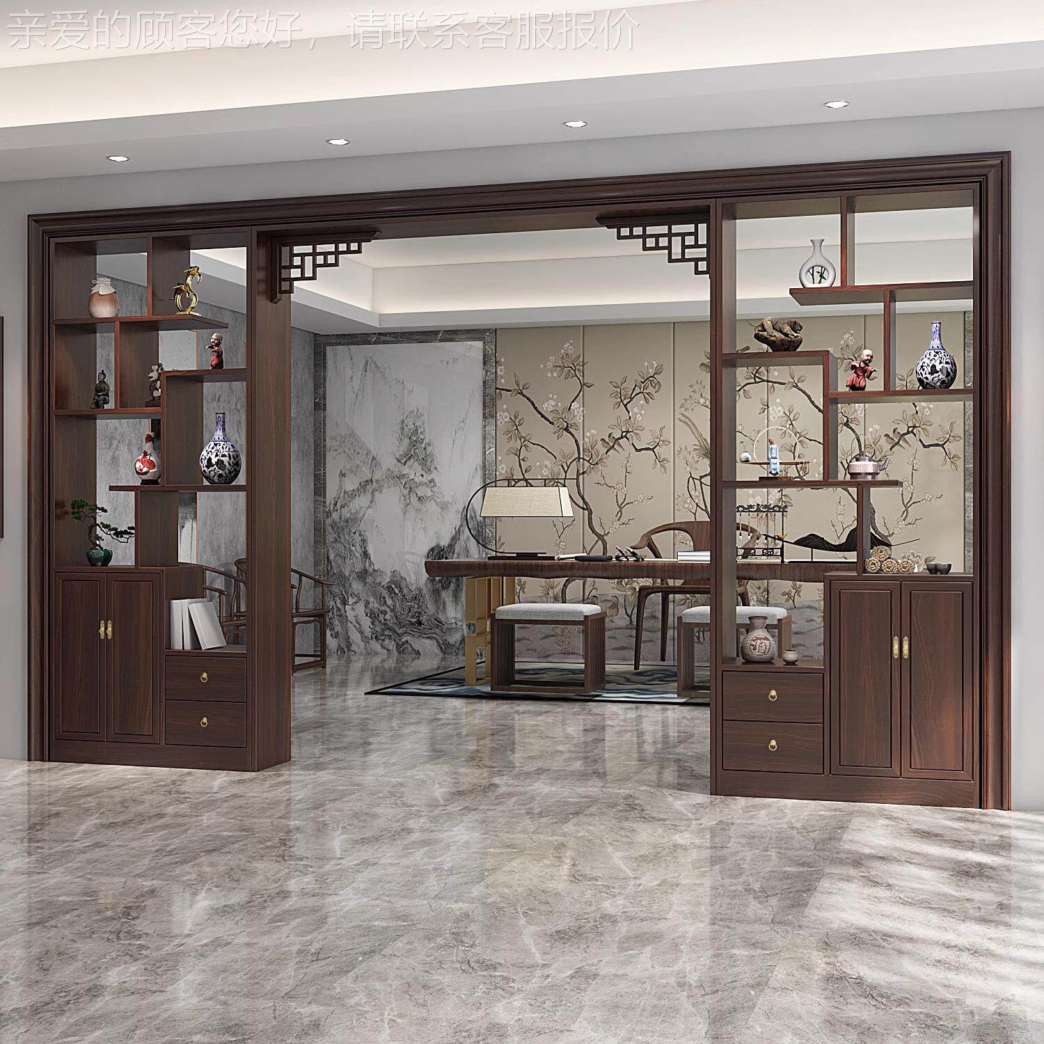 新中式实木屏风隔断进门入户客厅玄关柜拱门月洞门遮挡装饰置物架