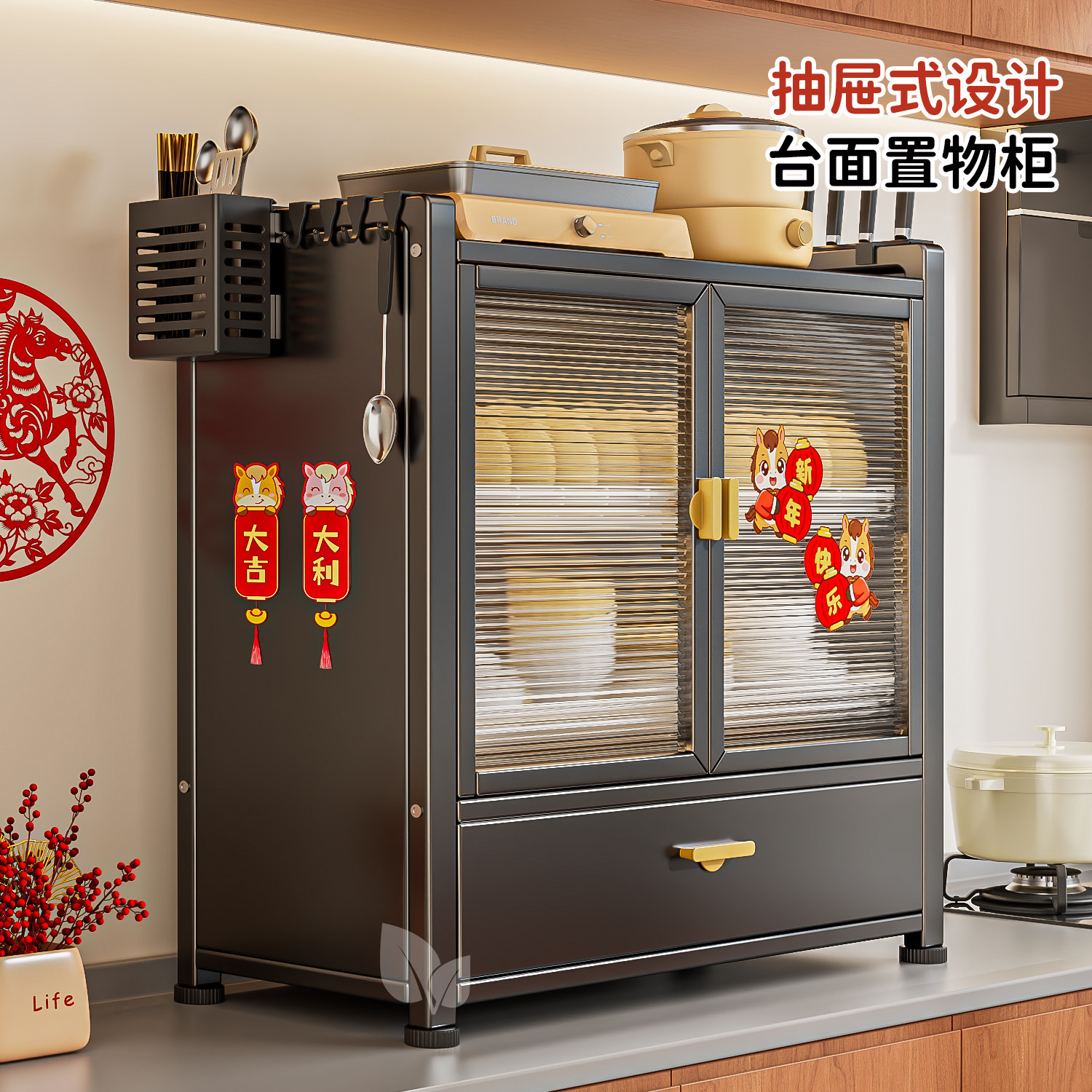 抽屉式碗碟沥水收纳带门碗柜厨房置物架家用台面防尘放餐具碗盘架