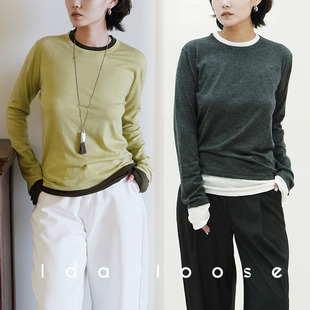 Ida loose 可机洗羊毛混纺假两件拼色针织空气T恤上衣