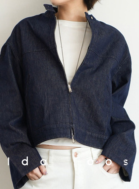 Ida loose 原牛酵素洗小立领复古牛仔短外套老钱夹克