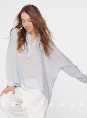 Idaloose天丝亚麻亲肤柔软舒适透气法式度假风慵懒静谧蓝衬衫