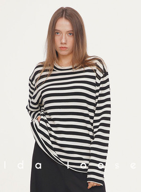 Idaloose肯豆同款条纹绵羊毛法式休闲宽松套头针织衫