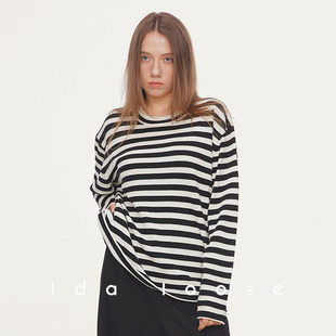 Idaloose肯豆同款条纹绵羊毛法式休闲宽松套头针织衫