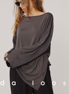Idaloose简约呼吸感单侧开叉宽松一字领休闲宽松长袖打底内搭T恤