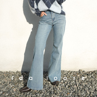 Ida loose复古浅蓝四面弹宽松直筒喇叭拖地牛仔裤