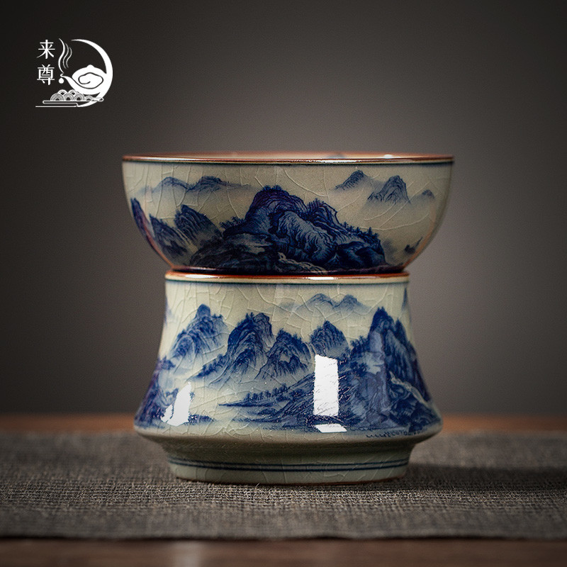 景德镇茶漏茶滤千里江山茶叶过滤网泡茶陶瓷公道杯一体滤茶器茶具