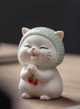 可爱卡通陶瓷招财许愿猫咪小摆件客厅办公室桌面装饰汽车载工艺