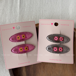 现货包邮pompom发夹韩国进口刺绣小花亮皮椭圆掰掰夹对夹bb夹6CM