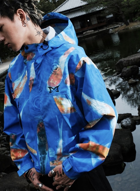 Mertra 街头风印花连帽夹克Waterproof Blue JACKET 男女潮流防水