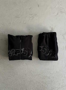 Trapstar宽松显瘦裤子男女同款黑色连帽卫衣长裤套装加绒又酷又甜