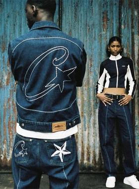 Corteiz秋冬季新款恶魔岛星星水洗暗蓝色牛仔外套长裤套装街头潮