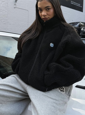 Broken Planet 秋冬新款时尚百搭休闲男女字母黑色羊羔毛开衫外套