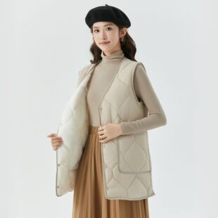 女士保暖加大加厚加绒中长款女款羊羔毛扣子休闲外穿棉马甲2505