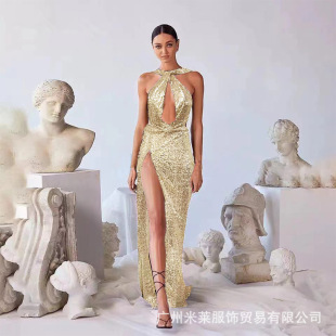 2025跨境春夏性感聚会珠片不规则气质晚礼服女 亚马逊挂脖连衣裙