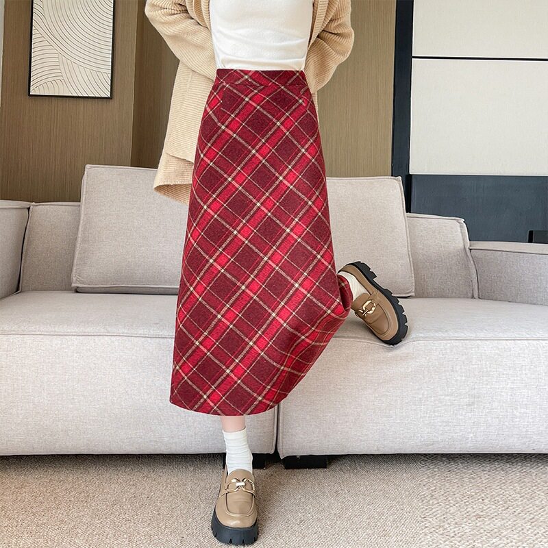 毛呢包臀裙秋冬新款长裙女百搭高腰显瘦A子复古斜格纹格子半身裙