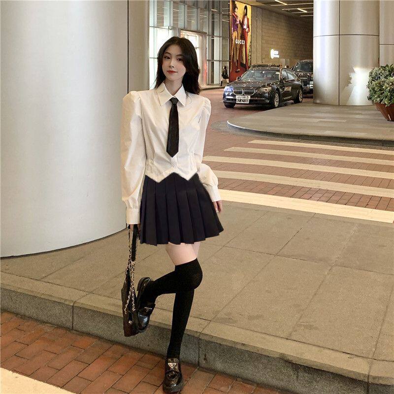 收腰白色衬衫女春季新款学院风纯欲辣妹泡泡袖短款衬衣jk制服套