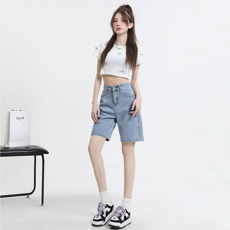 浅色牛仔短裤女夏季薄款2026年新款高腰宽松显瘦直筒五分裤女中裤