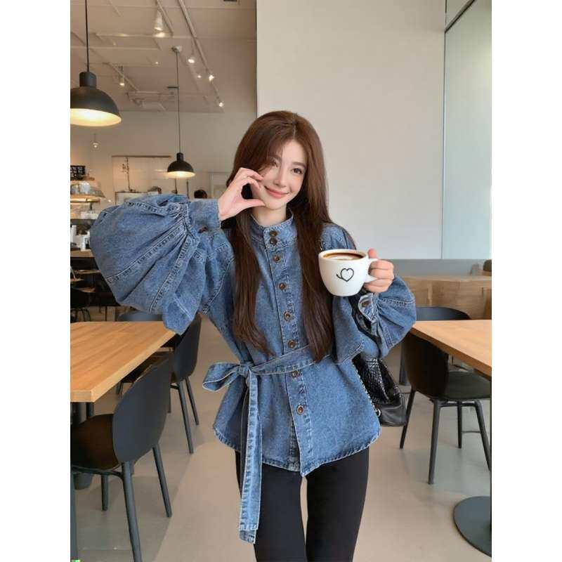 春季新款港味复古轻奢绑带收腰立领灯笼袖显瘦百搭牛仔上衣