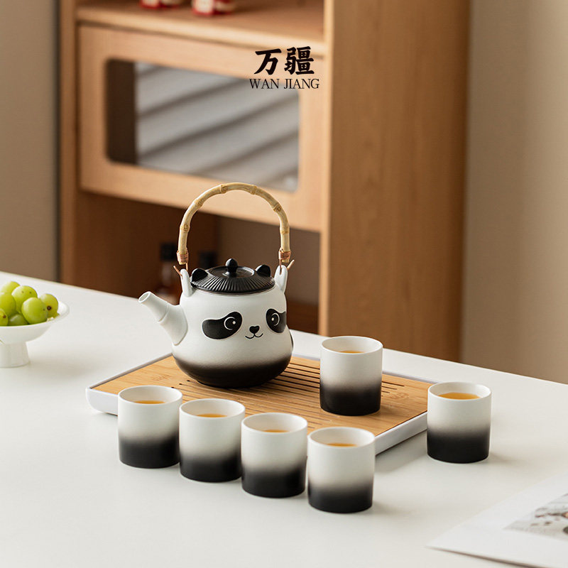 熊猫功夫茶具套组家用办公室陶瓷提梁壶泡茶壶下午茶喝茶茶杯礼盒