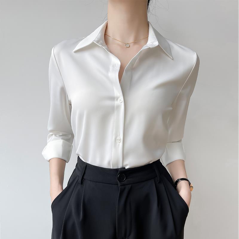 韩帛雅缎面白色衬衫女士秋冬内搭打底通勤职业公务员教资面试上衣