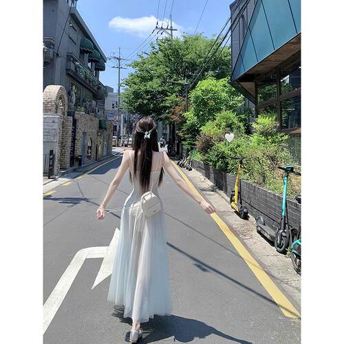 白水女【人鱼公主】薄荷绿网纱吊带连衣裙女海边度假复古气质裙子