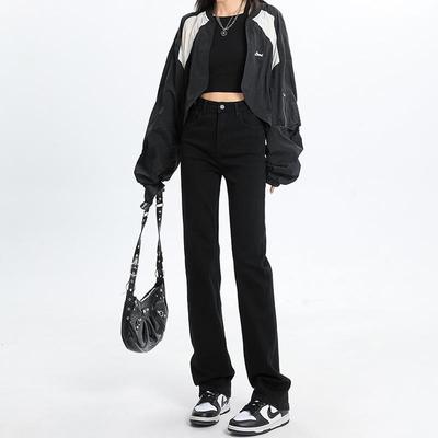 黑色直筒牛仔裤女2025春季新款高腰弹力窄版阔腿百搭九分烟管长裤