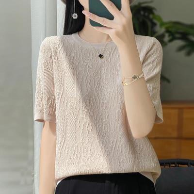 短袖t恤女2025新款透气大码女装夏季提花宽松薄款冰丝针织衫上衣