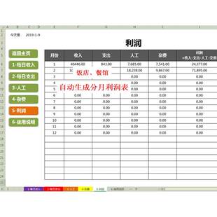 饭店餐馆收入支出记账管理/电子表格excel/自动核算生成分月利润