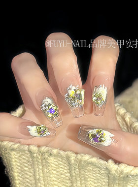 夏日冰糖温柔浅黄色爆闪碎钻涂鸦显白通透氛围感可拆甲片穿戴美甲