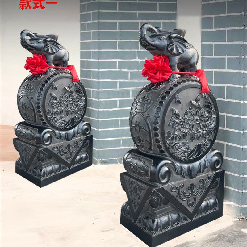 石雕门墩抱鼓石一对天然青石小象石鼓貔貅狮子大石雕庭院门口摆件