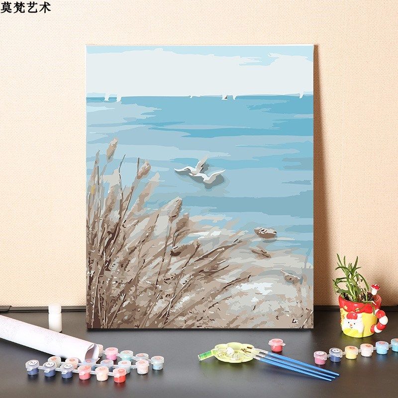 速发数字油画手丛填充清新芦苇工中小鸟飞手绘丙烯涂色油彩画
