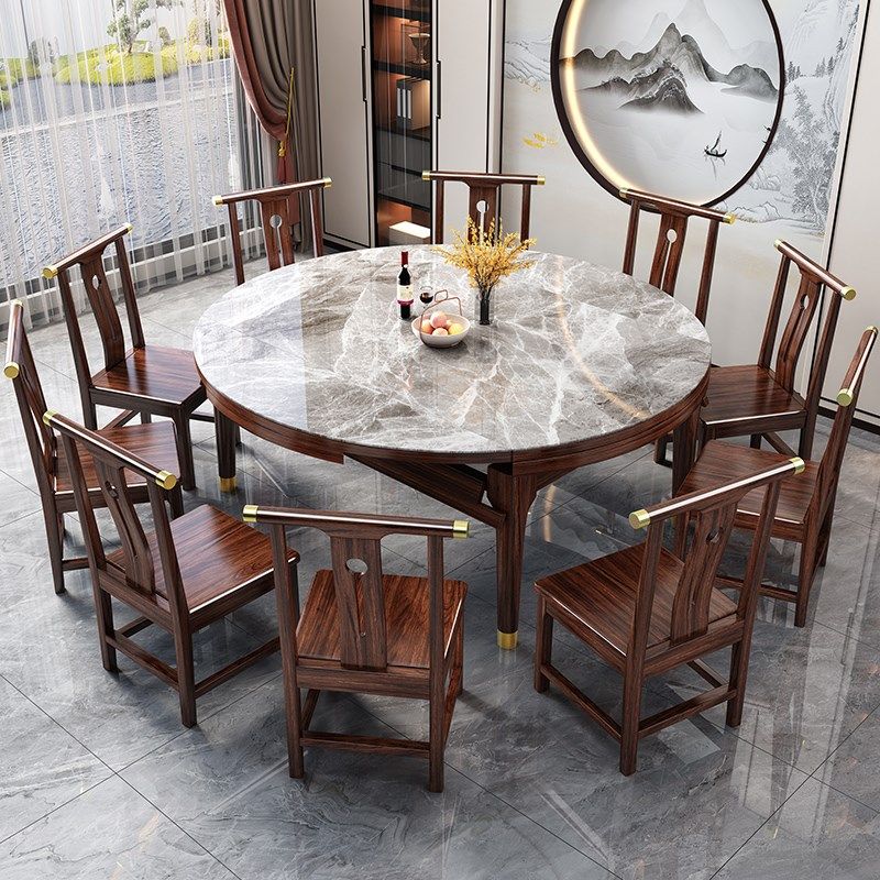 速发新中式岩板餐桌家吃实木方桌变圆桌伸缩1.饭米小户型用5桌8人