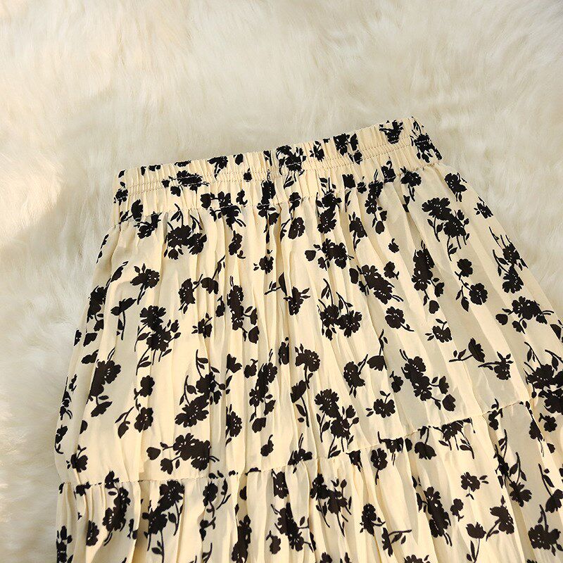 速发复古褶皱碎花半身裙202伞腰款春夏中长款垂感百褶5裙高新字裙