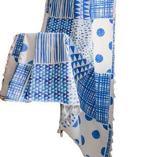 缦几琪韵窗帘波西米亚风格何蓝色774拼接印花窗帘伊成品厨房帘飘