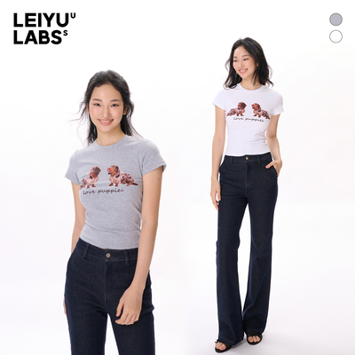 LEIYU LABS针织圆领原创腊肠小狗印花短袖T恤女秋季修身正肩上衣