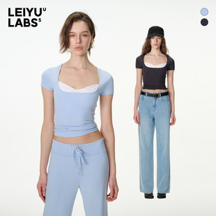上衣显瘦纯色短款 LEIYU 圆领正肩拼接修身 t恤女2026新款 LABS短袖