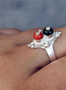 凉山彝族复古开口戒指男女情侣款红绿珠藏族少数民族手工艺饰品