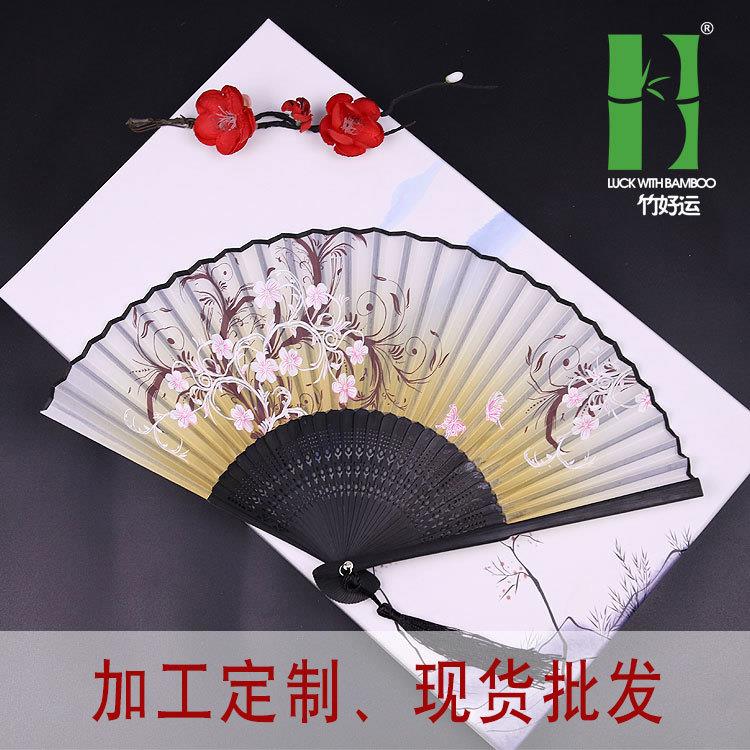 现货充足头青绢布折叠扇子雕刻竹质工艺扇动漫广告扇工厂