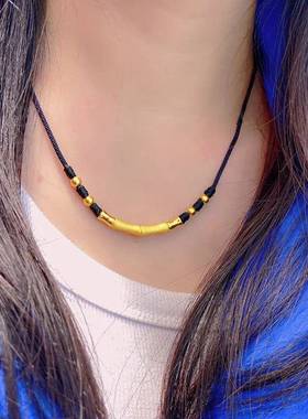 竹节项链小众设计镀金节节高升编织金珠黑绳吊坠送女朋友礼物饰品