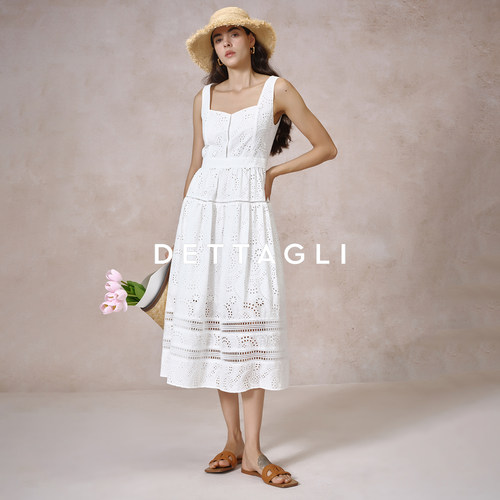 Dettagli/迪塔莉白色系吊带时尚无袖收腰绣花蕾丝连衣裙长裙