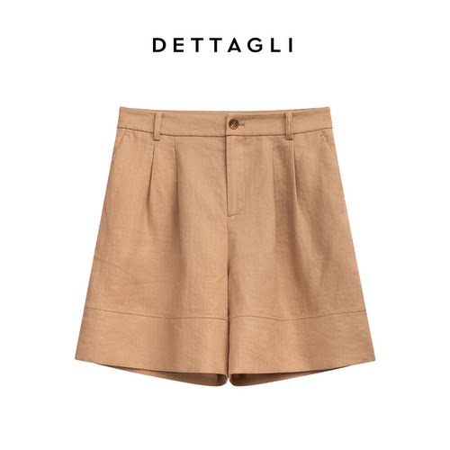 Dettagli/迪塔莉亚麻老钱风新款驼色百慕大褶皱短裤裤装女
