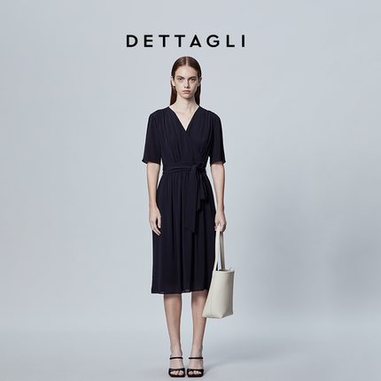 Dettagli/迪塔莉真丝桑蚕丝藏青色V领简约休闲收腰连衣裙女