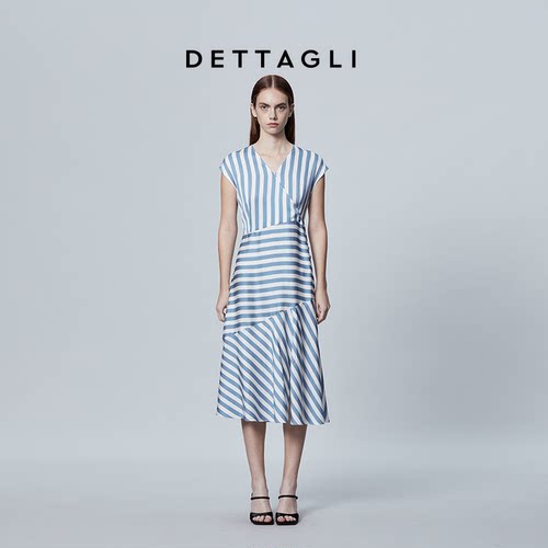 Dettagli/迪塔莉春夏季新款海军条纹蓝白桑蚕丝收腰长裙连衣裙女