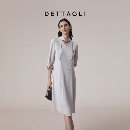 Dettagli/迪塔莉秋季醋酸灰色优雅通勤飘带领连衣裙女